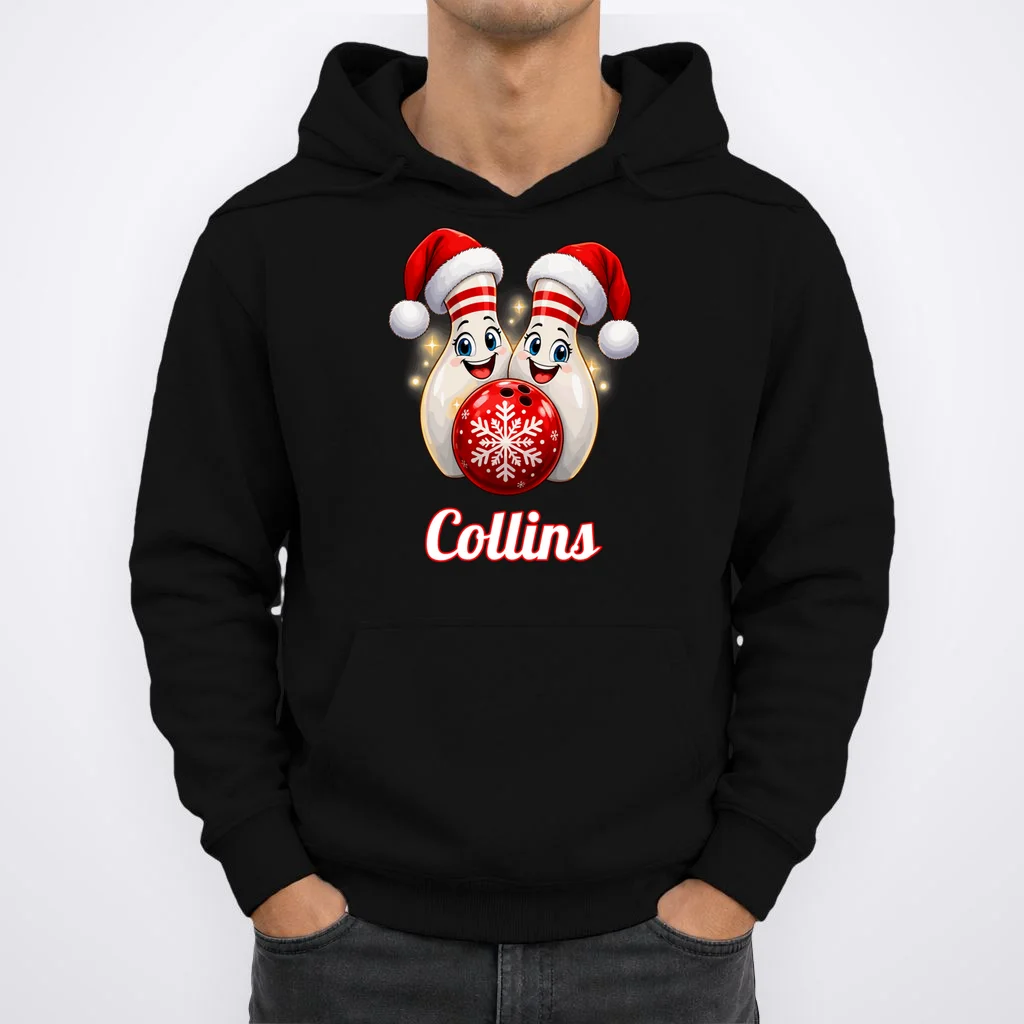 Christmas Bowling Pins – Santa Hat & Snowflake Custom Name & Team Name Men's Hoodie - Front 1