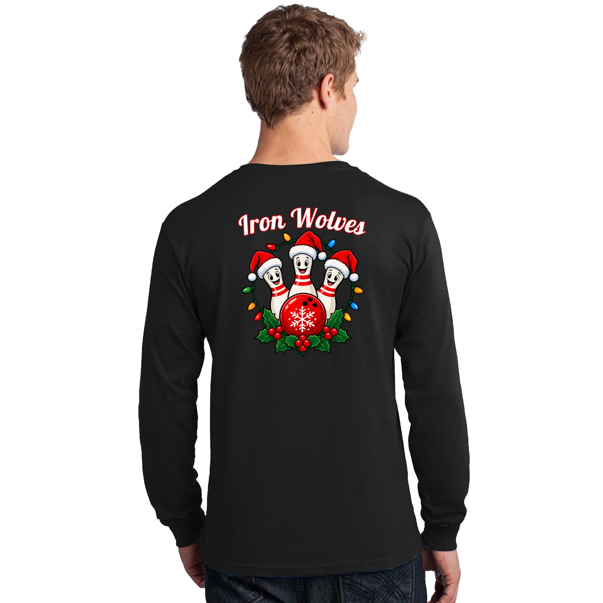 Christmas Bowling Pins – Santa Hat & Snowflake Custom Name & Team Name Men's Long Sleeve Shirt - Back - Close-up