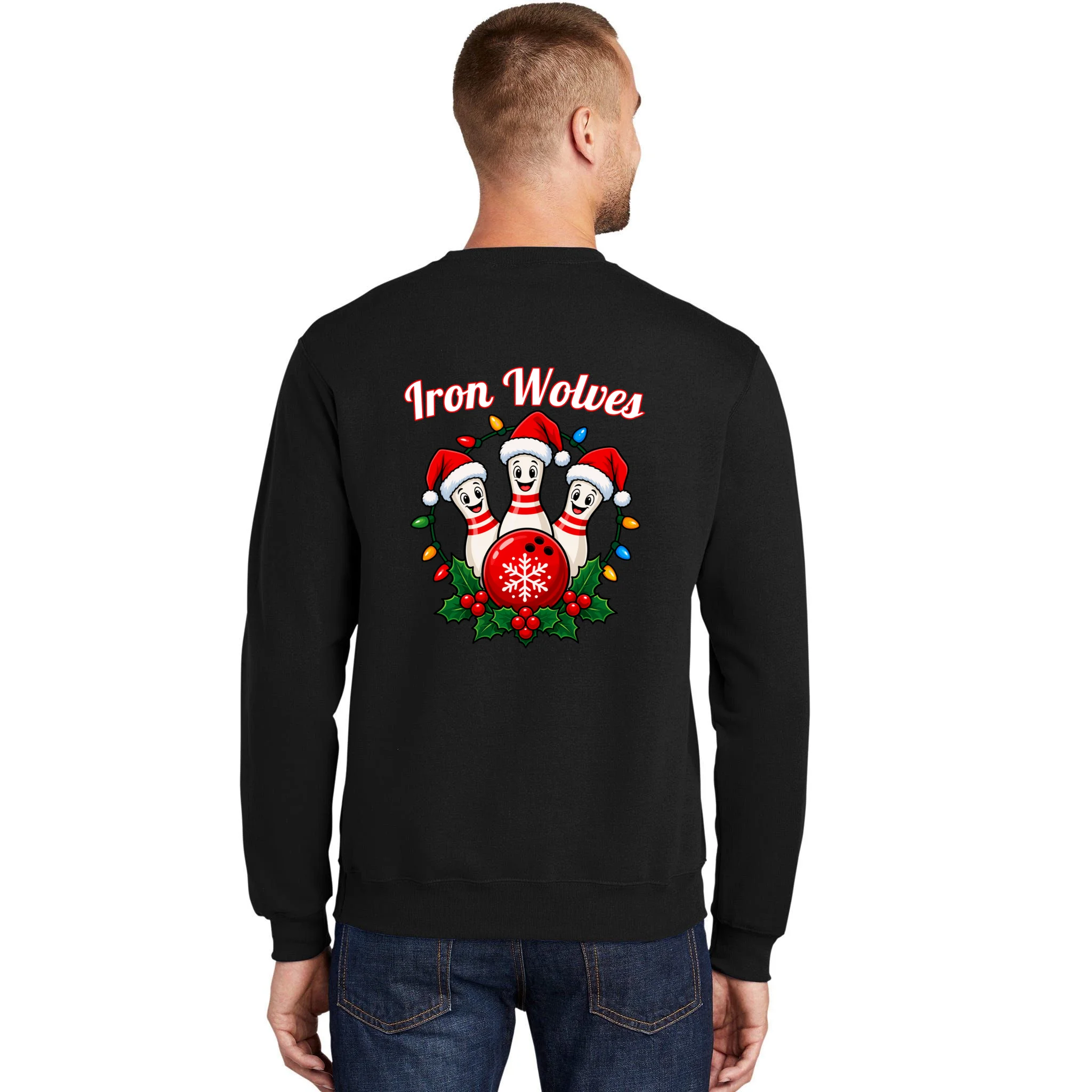 Christmas Bowling Pins – Santa Hat & Snowflake Custom Name & Team Name Men's Sweatshirt - Back