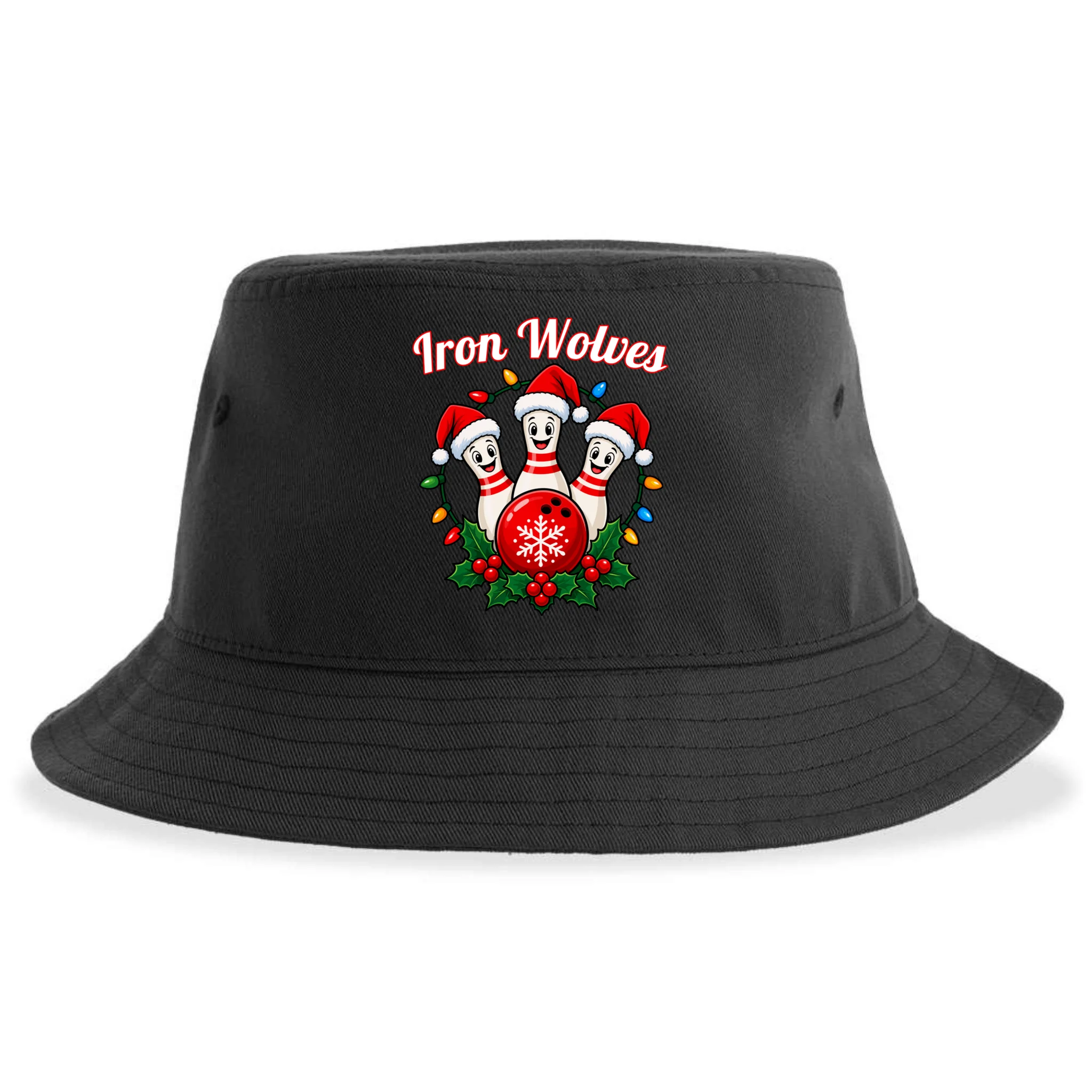 Christmas Bowling Pins – Santa Hat & Snowflake Custom Name & Team Name Bucket Hat - Back - Close-up