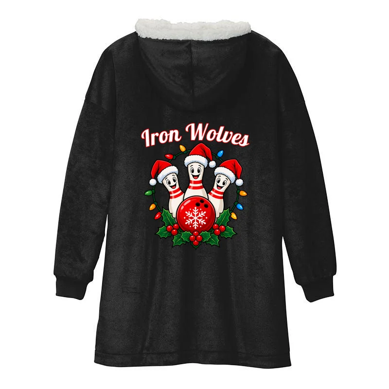 Christmas Bowling Pins – Santa Hat & Snowflake Custom Name & Team Name Hooded Blanket - Back - Close-up