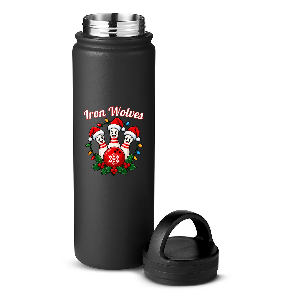 Christmas Bowling Pins – Santa Hat & Snowflake Custom Name & Team Name 24oz Water Bottle - Back - Close-up