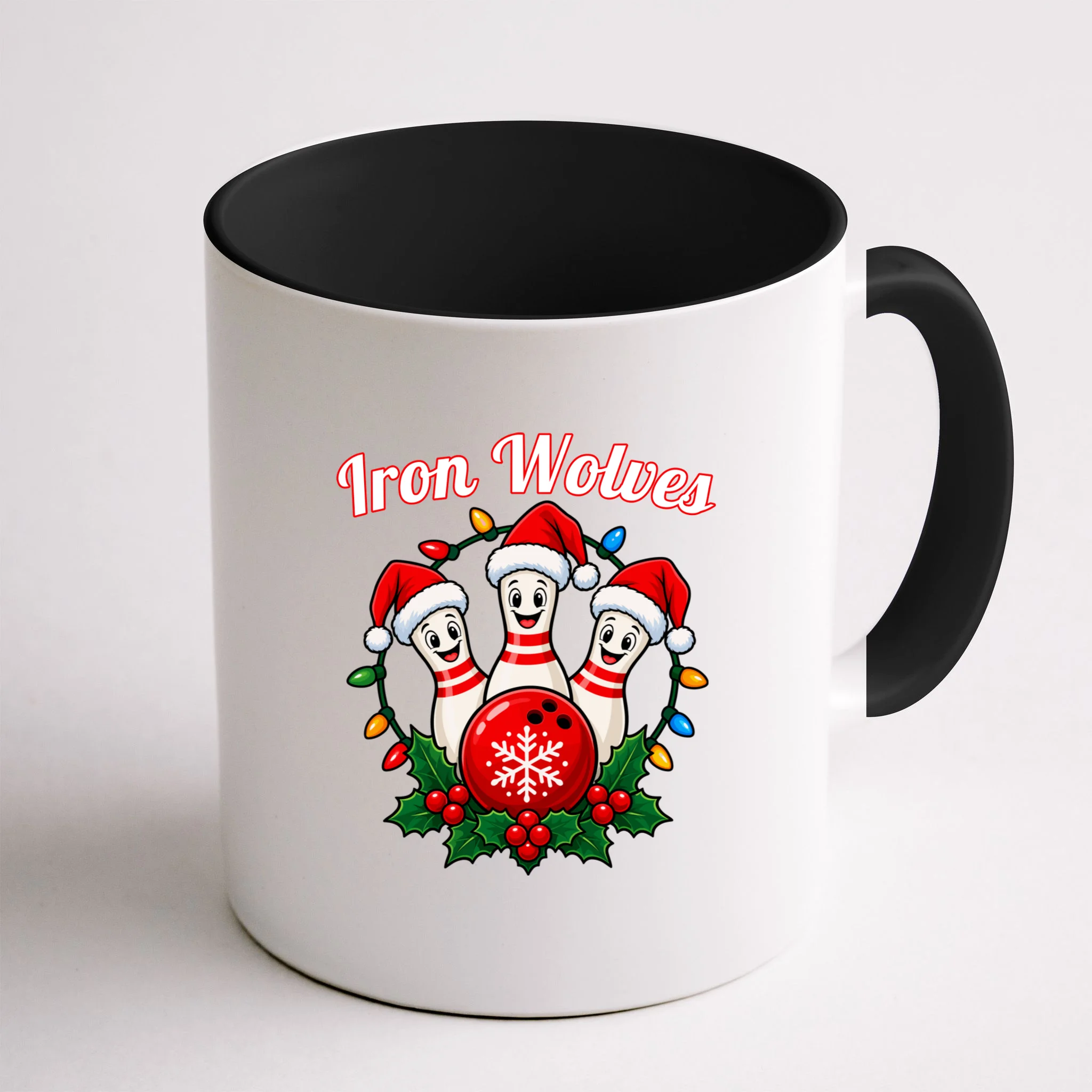 Christmas Bowling Pins – Santa Hat & Snowflake Custom Name & Team Name Mug - Back