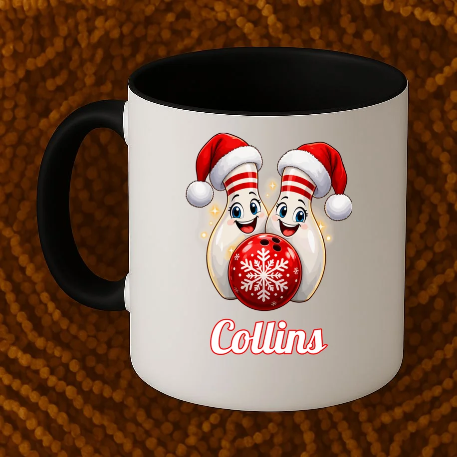 Christmas Bowling Pins – Santa Hat & Snowflake Custom Name & Team Name Mug - Front 1