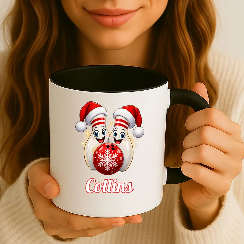 Christmas Bowling Pins – Santa Hat & Snowflake Custom Name & Team Name Mug - Front 2