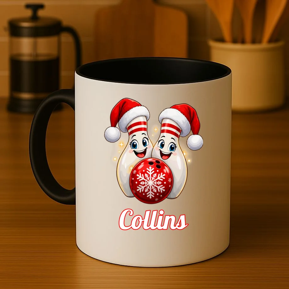 Christmas Bowling Pins – Santa Hat & Snowflake Custom Name & Team Name Mug - Front 3