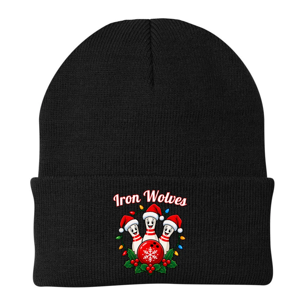 Christmas Bowling Pins – Santa Hat & Snowflake Custom Name & Team Name Beanie - Back - Close-up