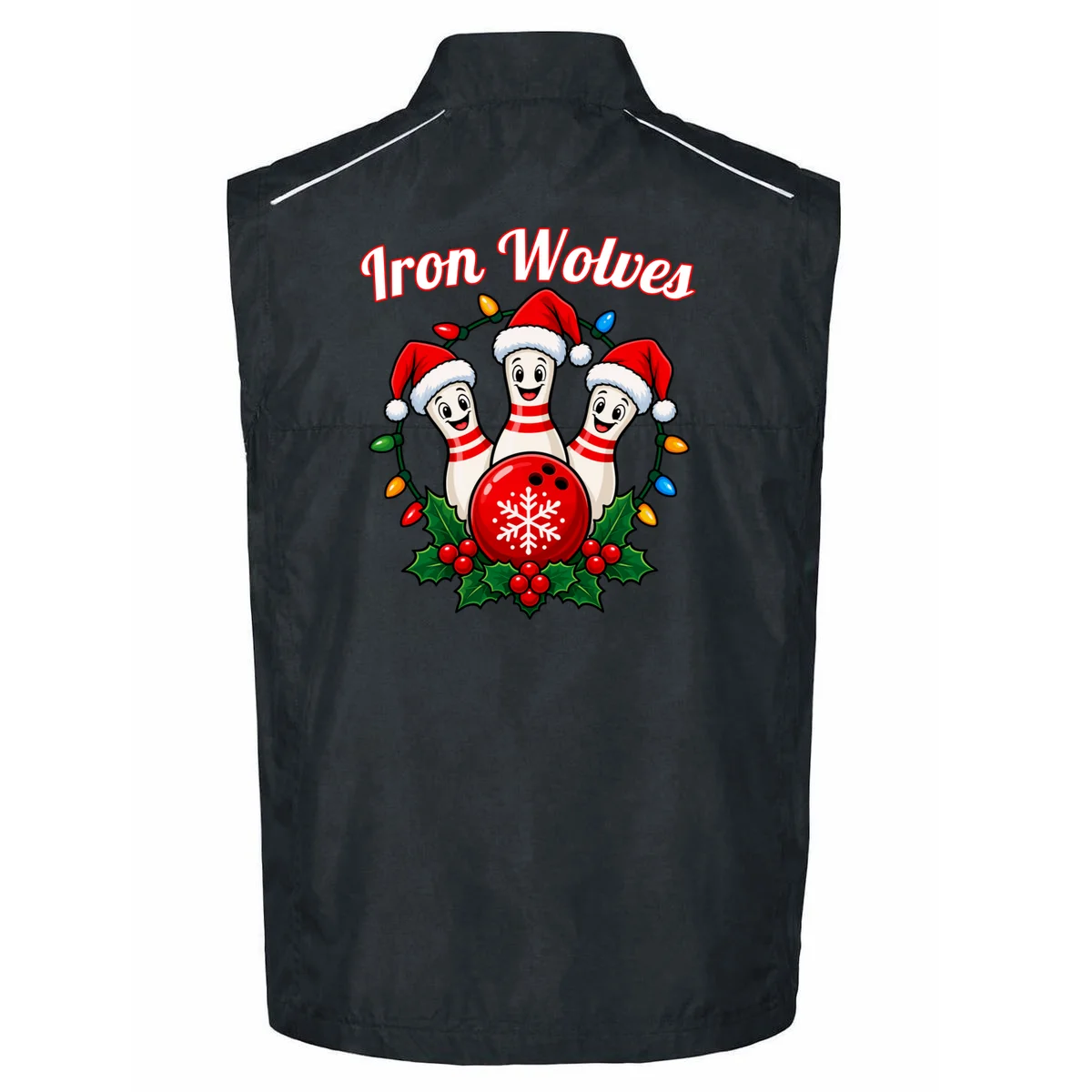 Christmas Bowling Pins – Santa Hat & Snowflake Custom Name & Team Name Men's Vest - Back - Close-up
