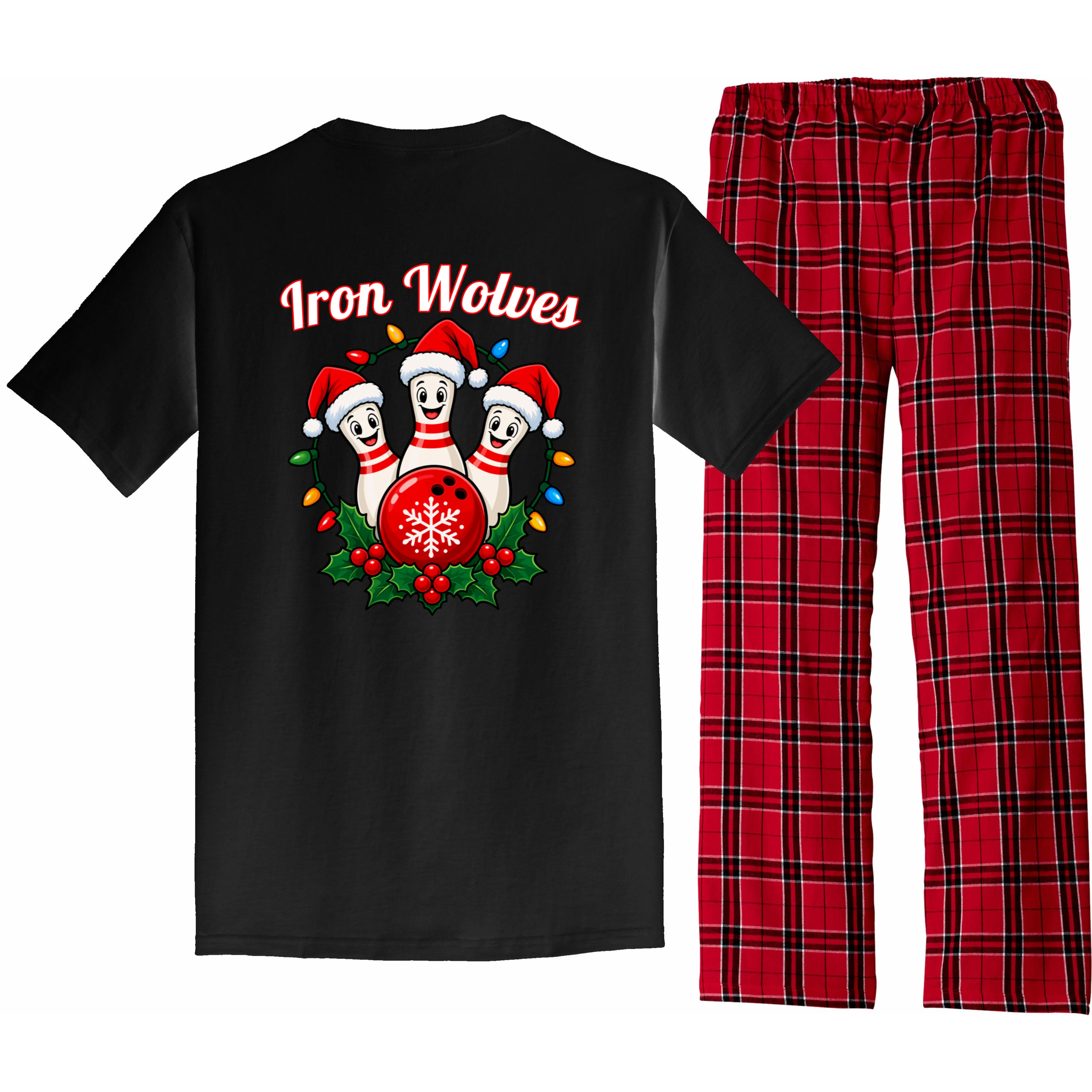 Christmas Bowling Pins – Santa Hat & Snowflake Custom Name & Team Name Men's Pajamas - Back - Close-up