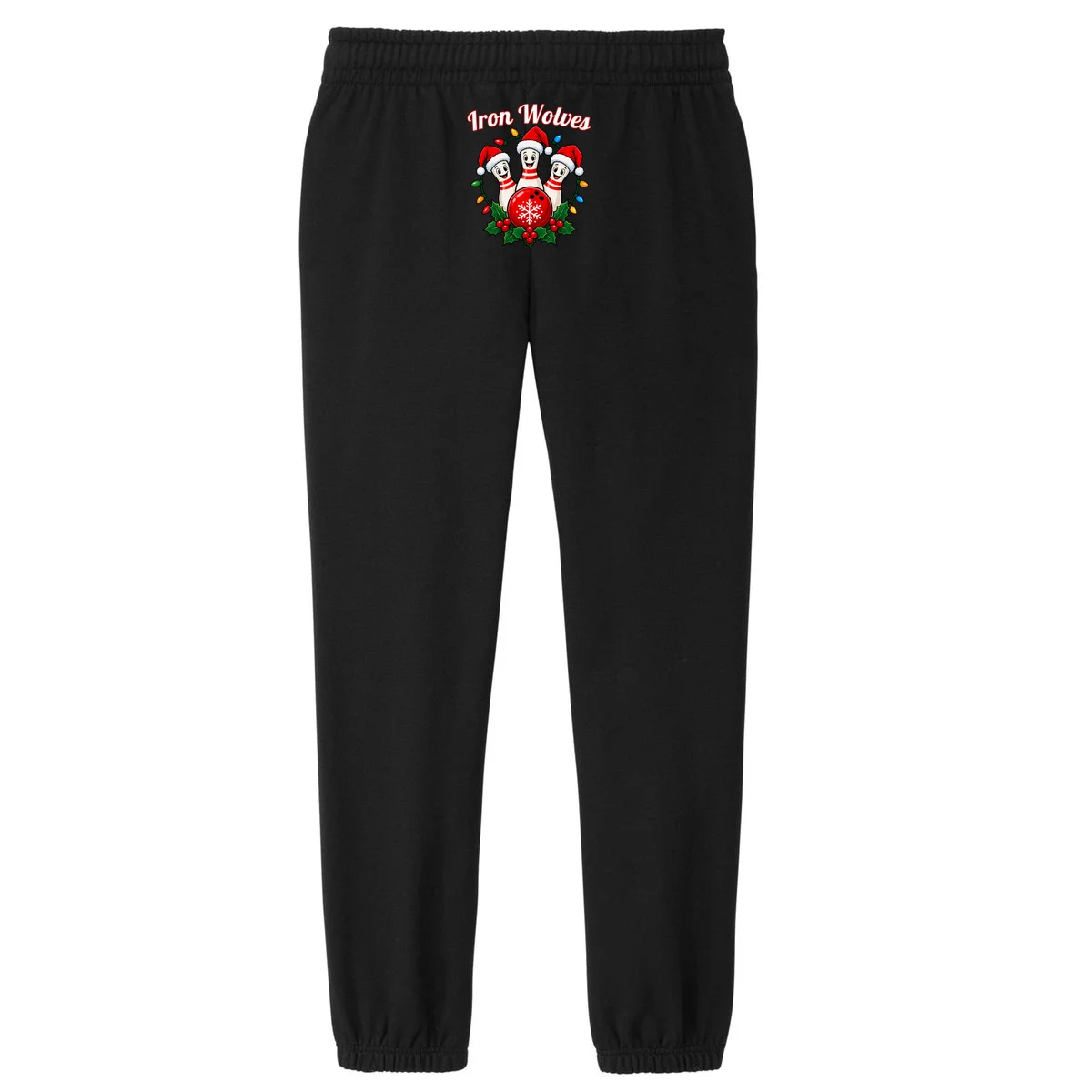 Christmas Bowling Pins – Santa Hat & Snowflake Custom Name & Team Name Women's Fleece Sweatpants - Back - Close-up
