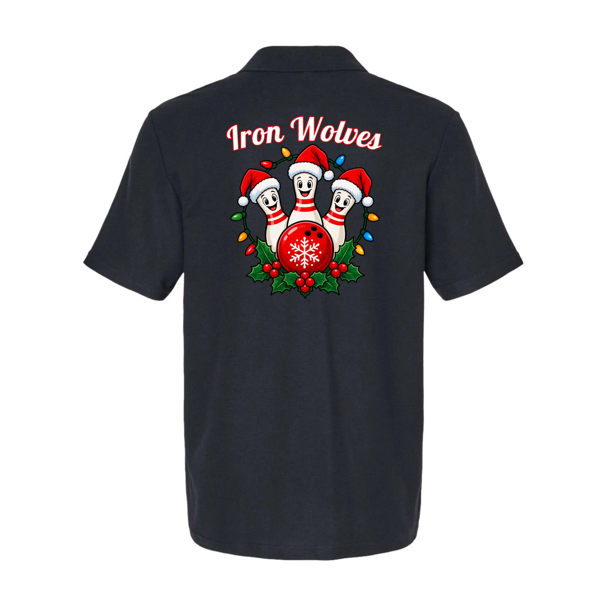 Christmas Bowling Pins – Santa Hat & Snowflake Custom Name & Team Name Men's Polo - Back