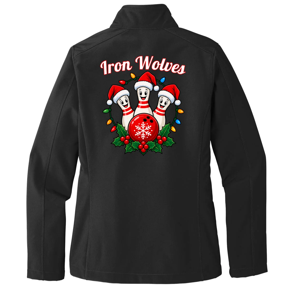 Christmas Bowling Pins – Santa Hat & Snowflake Custom Name & Team Name Women's Soft Jacket - Back - Close-up