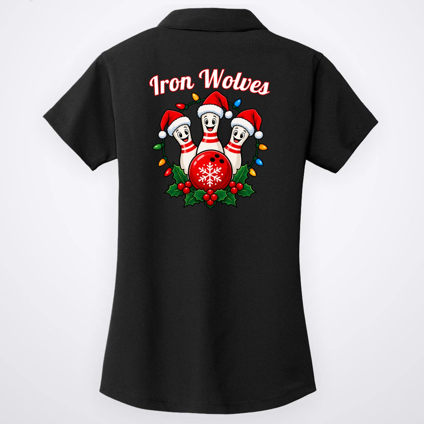 Christmas Bowling Pins – Santa Hat & Snowflake Custom Name & Team Name Women's Polo - Back - Close-up