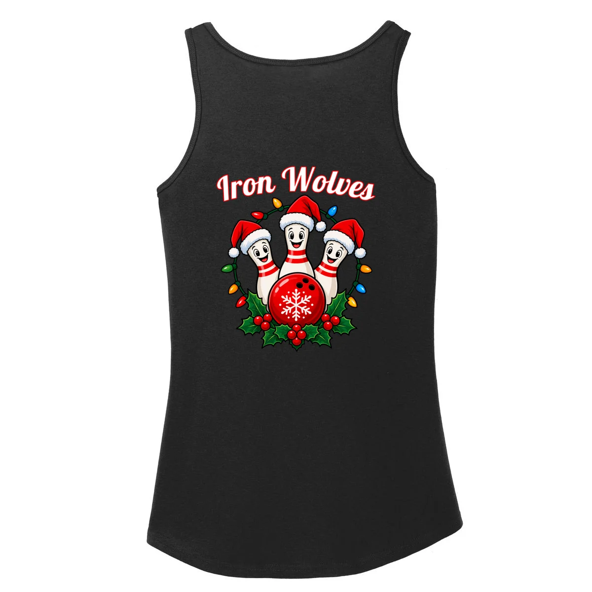 Christmas Bowling Pins – Santa Hat & Snowflake Custom Name & Team Name Women's Tank Top - Back - Close-up