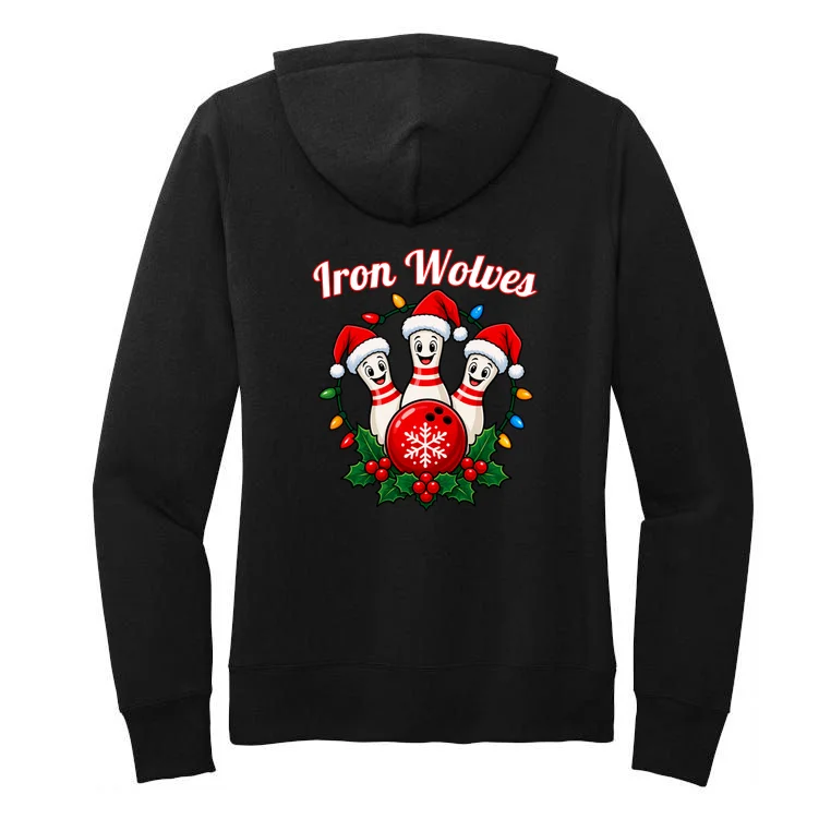 Christmas Bowling Pins – Santa Hat & Snowflake Custom Name & Team Name Women's Pullover Hoodie - Back - Close-up