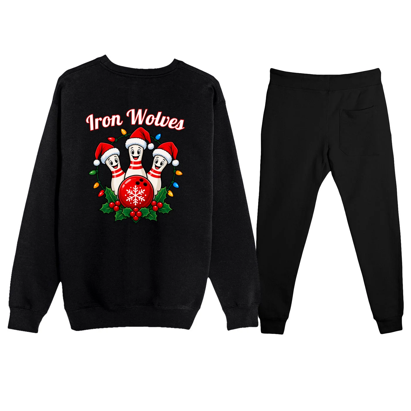 Christmas Bowling Pins – Santa Hat & Snowflake Custom Name & Team Name Men's Sweatsuit - Back - Close-up