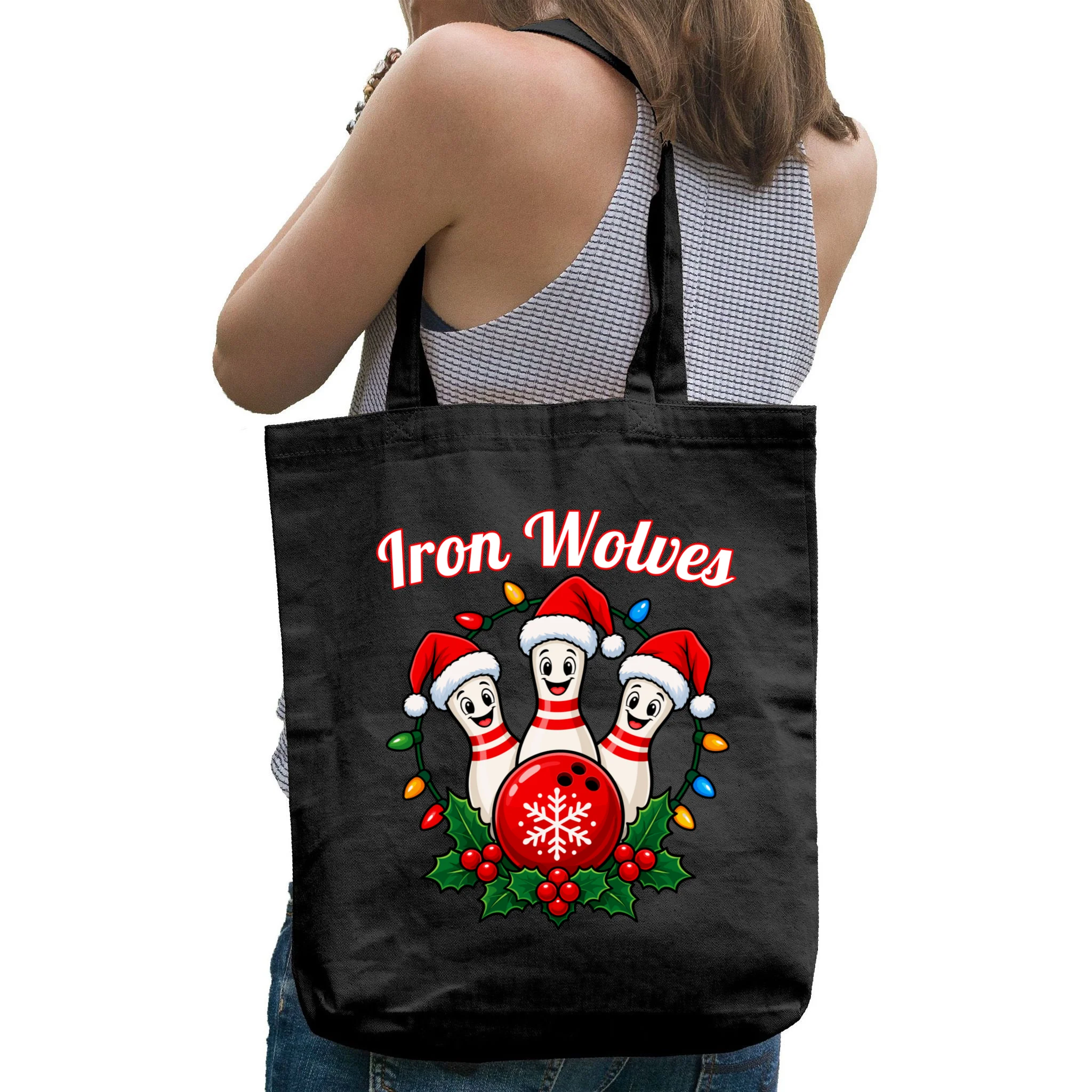 Christmas Bowling Pins – Santa Hat & Snowflake Custom Name & Team Name Tote Bag - Back - Close-up