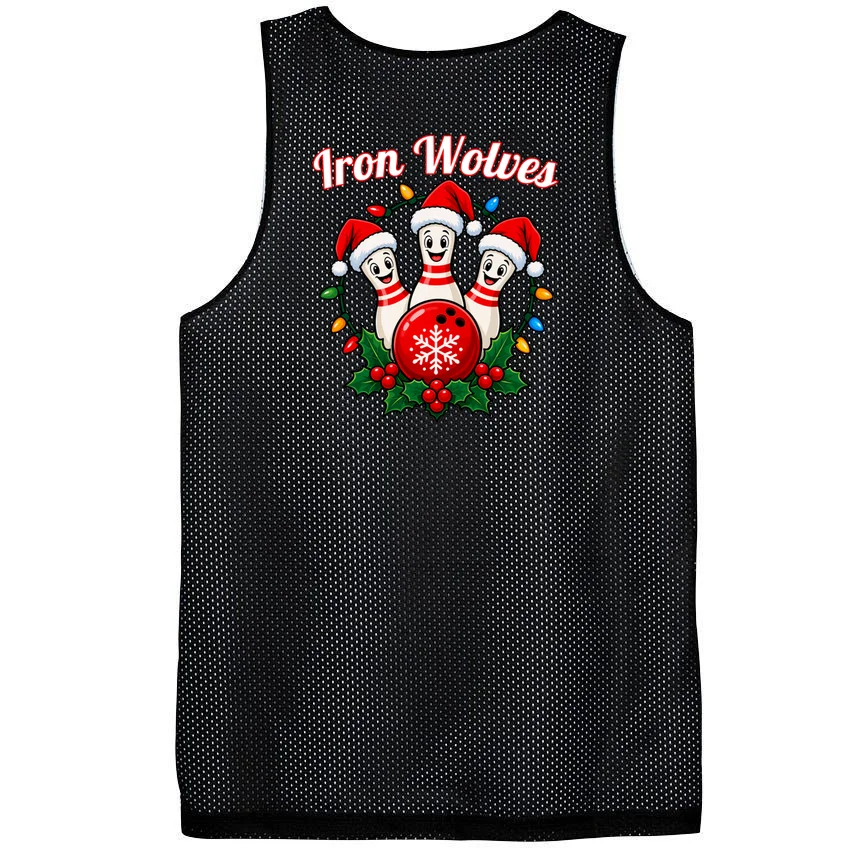 Christmas Bowling Pins – Santa Hat & Snowflake Custom Name & Team Name Men's Basketball Jersey - Back - Close-up