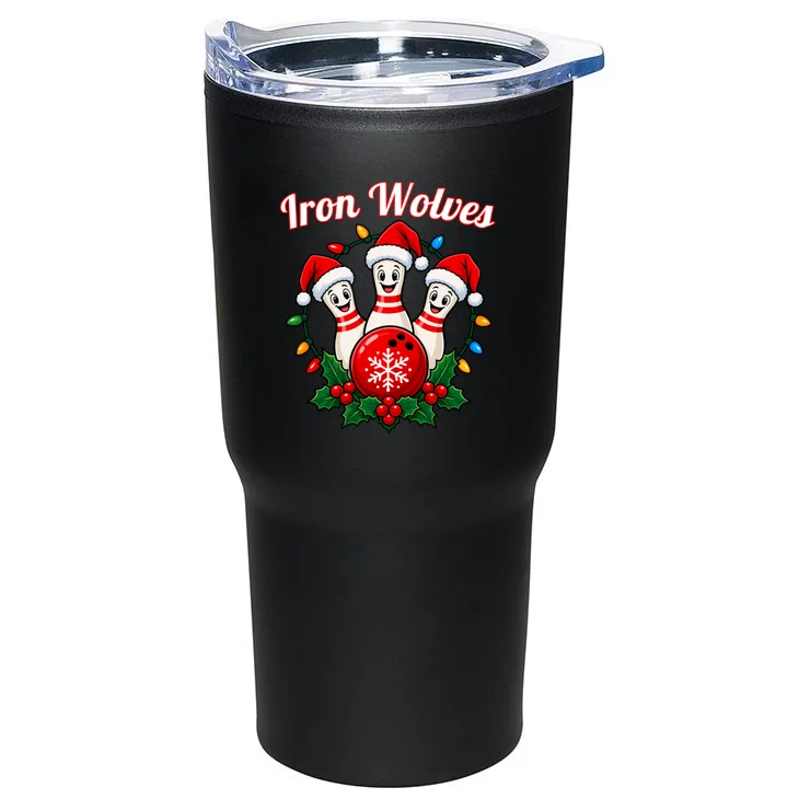 Christmas Bowling Pins – Santa Hat & Snowflake Custom Name & Team Name 20oz Tumbler - Back