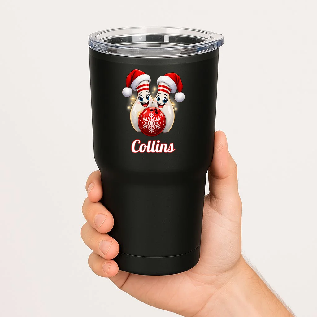 Christmas Bowling Pins – Santa Hat & Snowflake Custom Name & Team Name 20oz Tumbler - Front 1