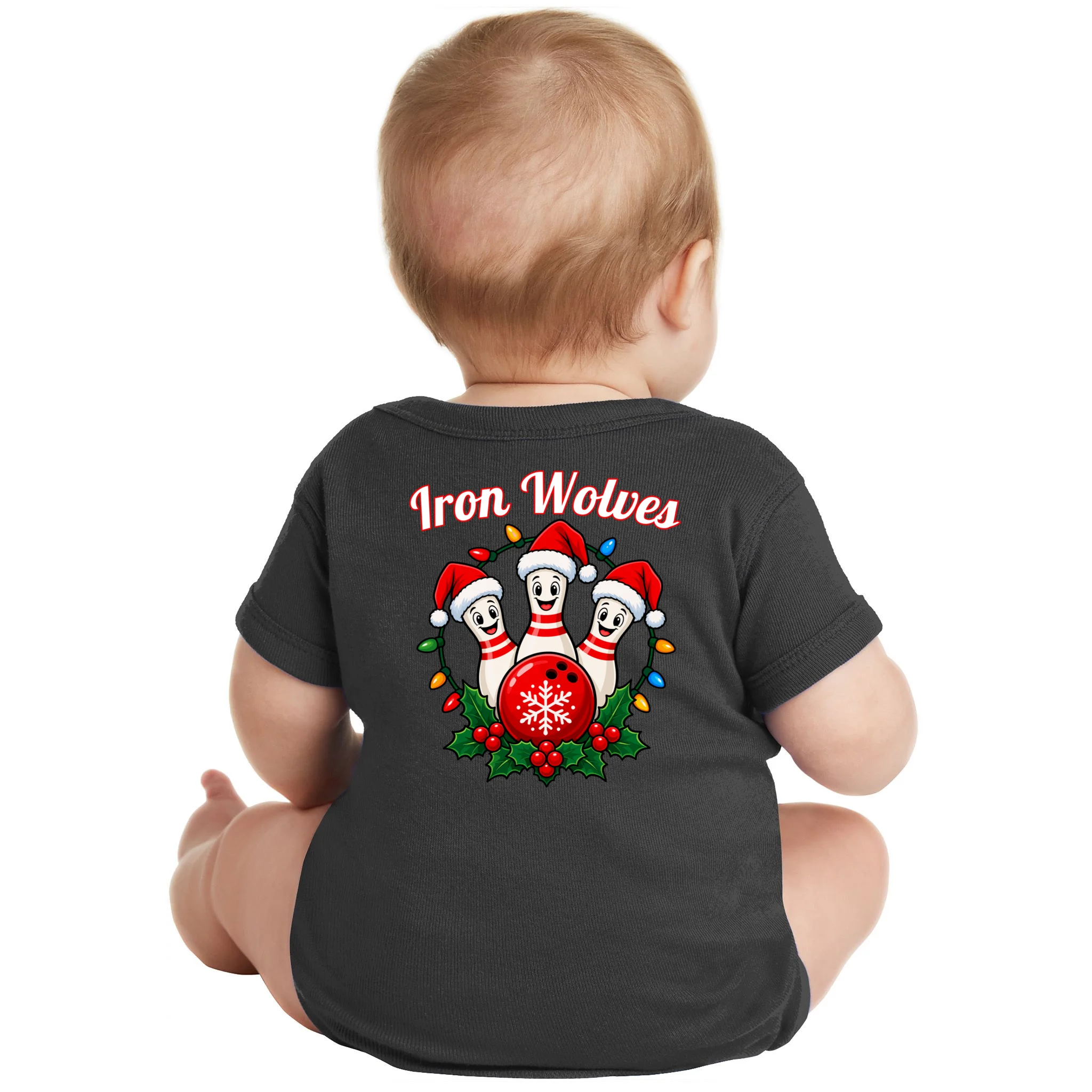 Christmas Bowling Pins – Santa Hat & Snowflake Custom Name & Team Name Baby Bodysuit - Back - Close-up