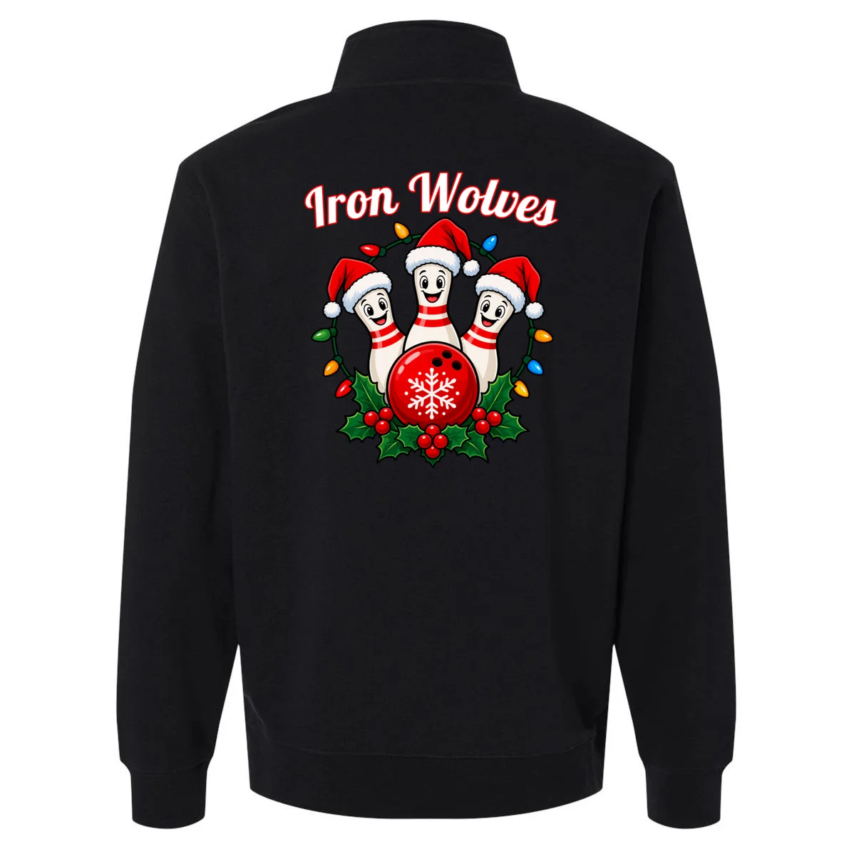 Christmas Bowling Pins – Santa Hat & Snowflake Custom Name & Team Name Men's Pullover Quarter Zip - Back - Close-up