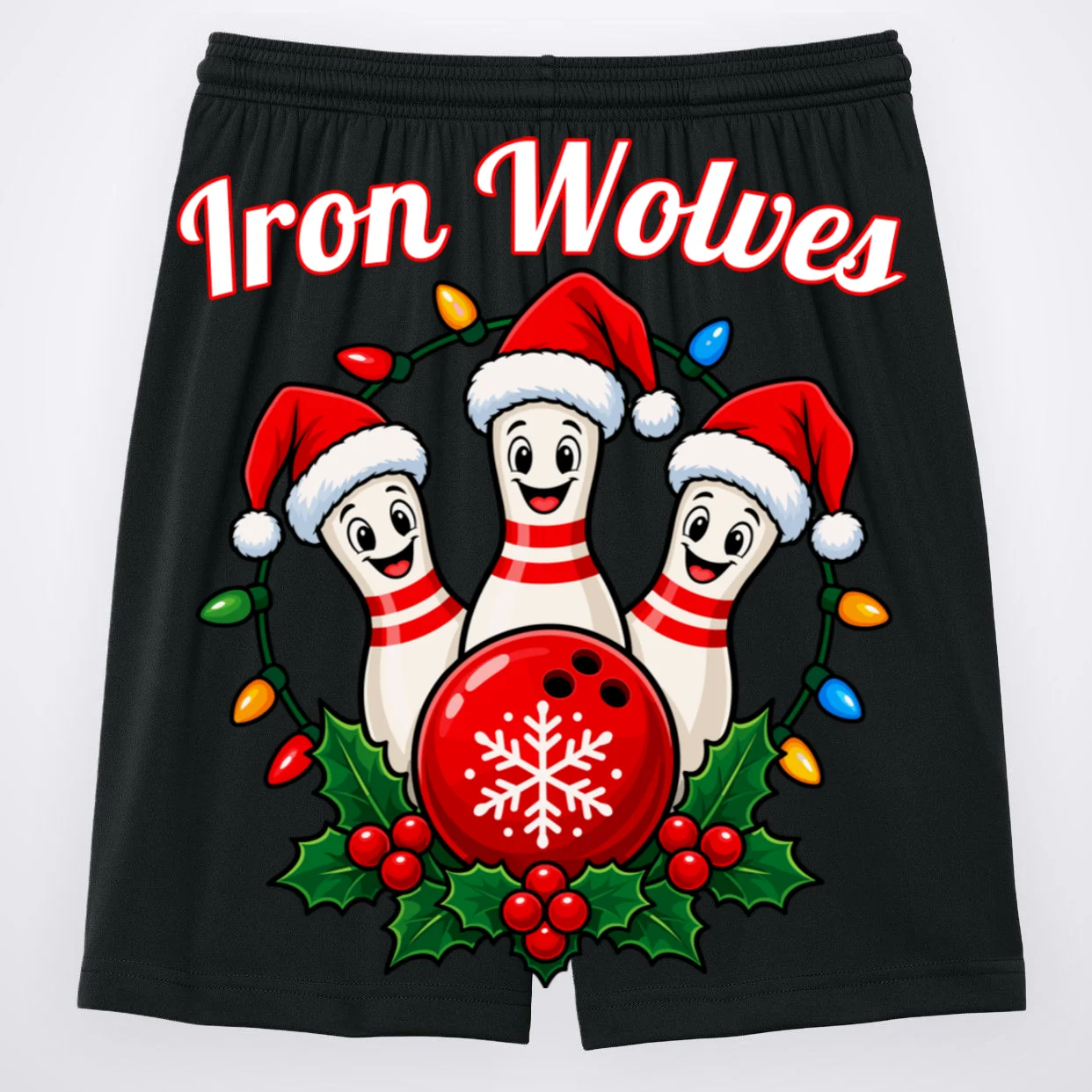 Christmas Bowling Pins – Santa Hat & Snowflake Custom Name & Team Name Men's Shorts - Back