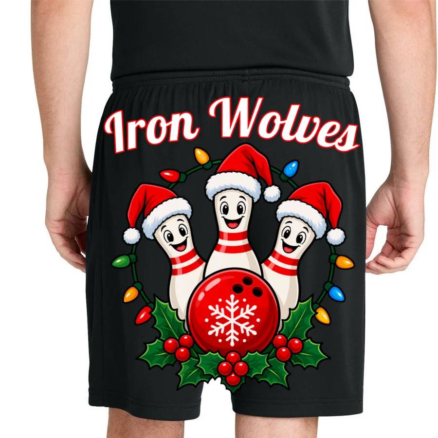 Christmas Bowling Pins – Santa Hat & Snowflake Custom Name & Team Name Men's Shorts - Back 1