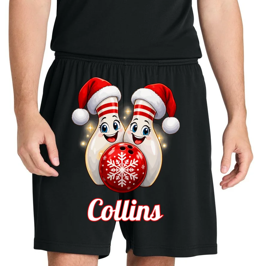 Christmas Bowling Pins – Santa Hat & Snowflake Custom Name & Team Name Men's Shorts - Front 1
