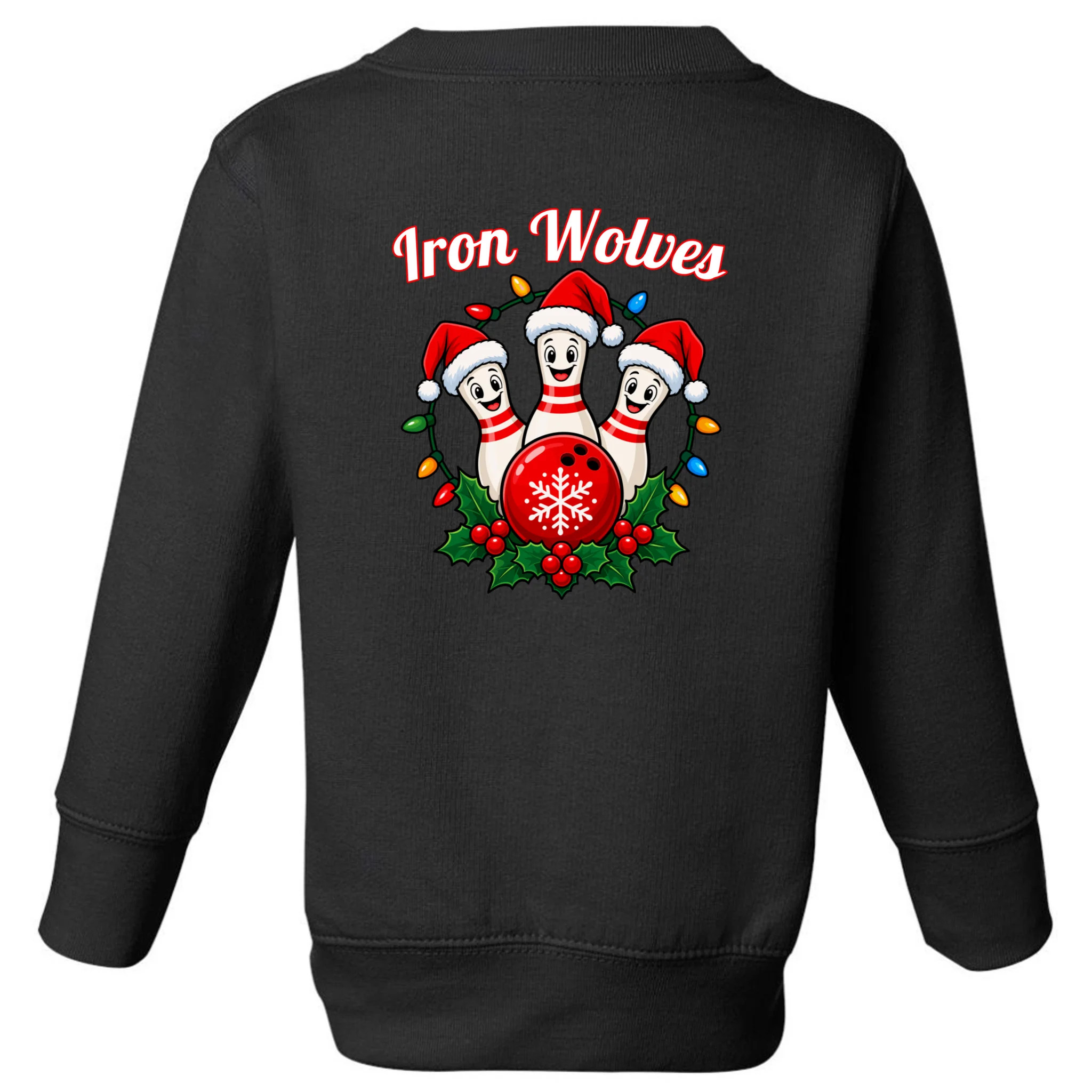 Christmas Bowling Pins – Santa Hat & Snowflake Custom Name & Team Name Toddler Sweatshirt - Back - Close-up
