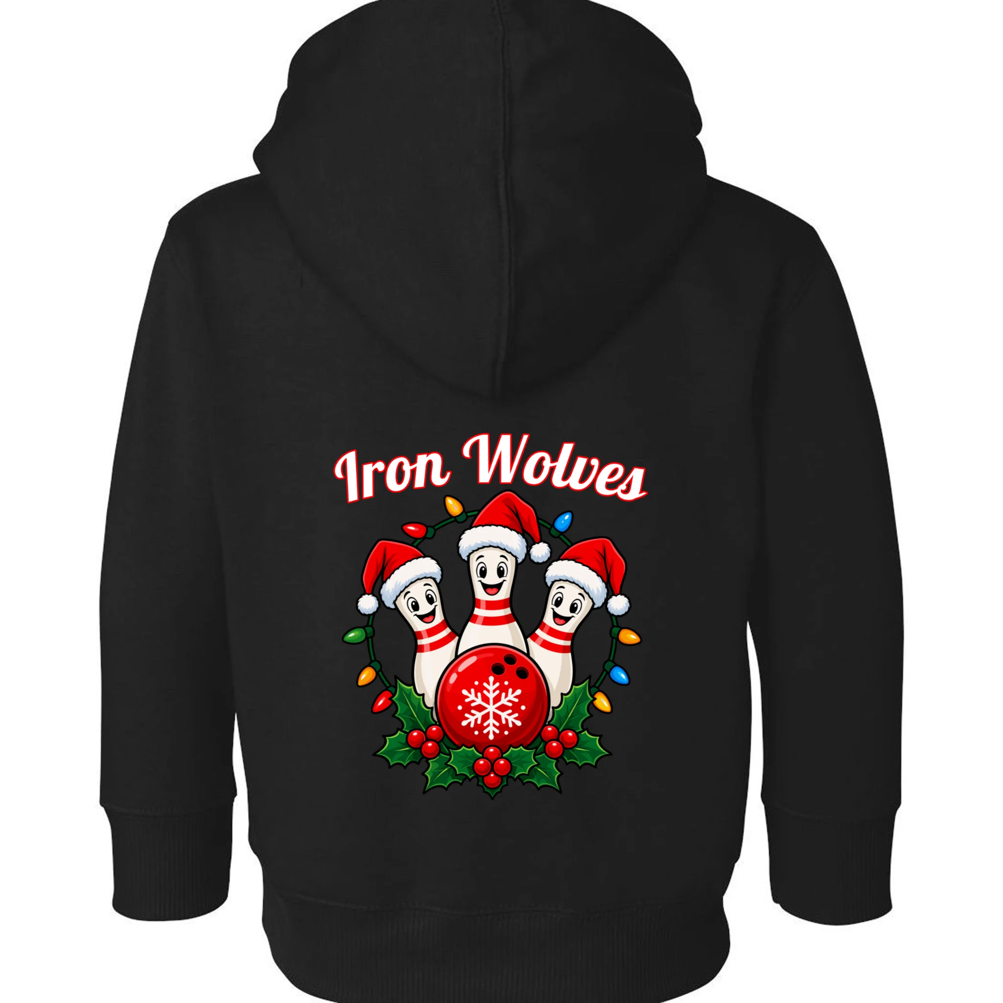 Christmas Bowling Pins – Santa Hat & Snowflake Custom Name & Team Name Toddler Hoodie - Back - Close-up