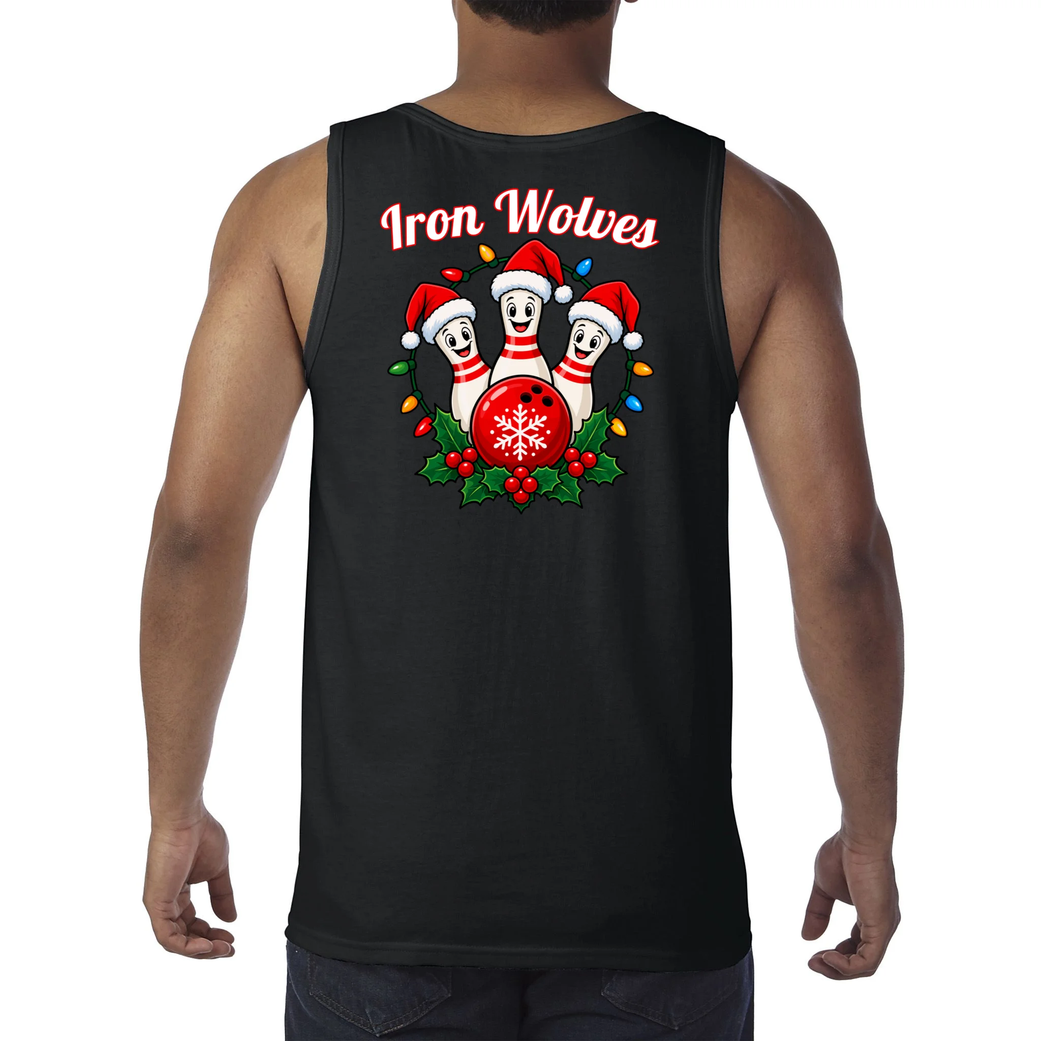 Christmas Bowling Pins – Santa Hat & Snowflake Custom Name & Team Name Men's Tank Top - Back