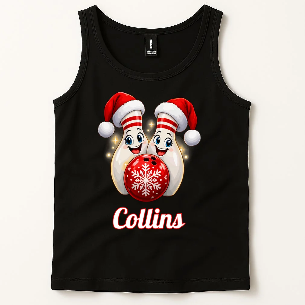 Christmas Bowling Pins – Santa Hat & Snowflake Custom Name & Team Name Men's Tank Top - Front 1