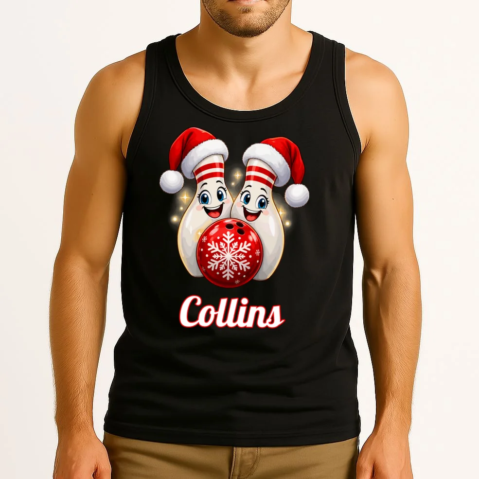 Christmas Bowling Pins – Santa Hat & Snowflake Custom Name & Team Name Men's Tank Top - Front 2