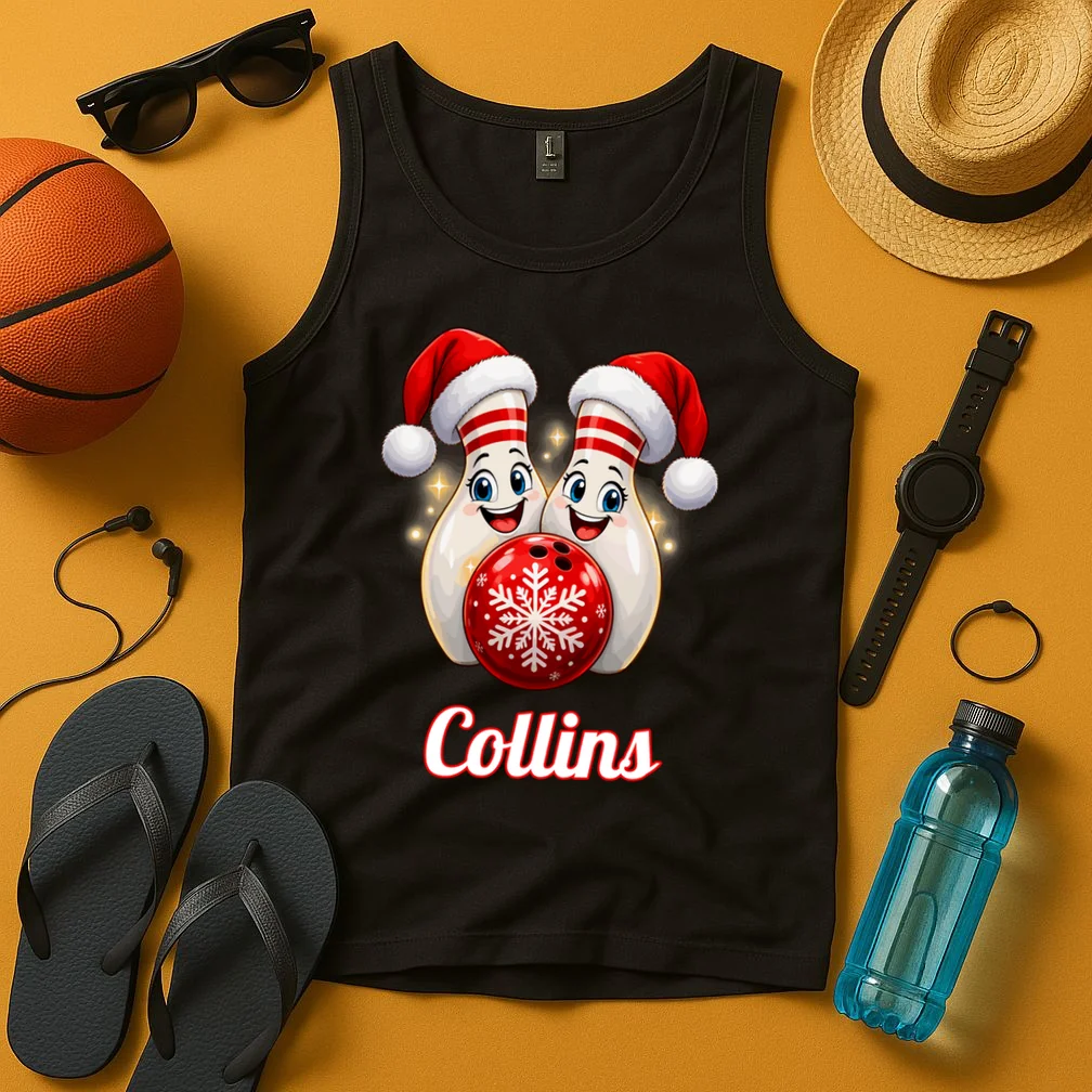 Christmas Bowling Pins – Santa Hat & Snowflake Custom Name & Team Name Men's Tank Top - Front 3