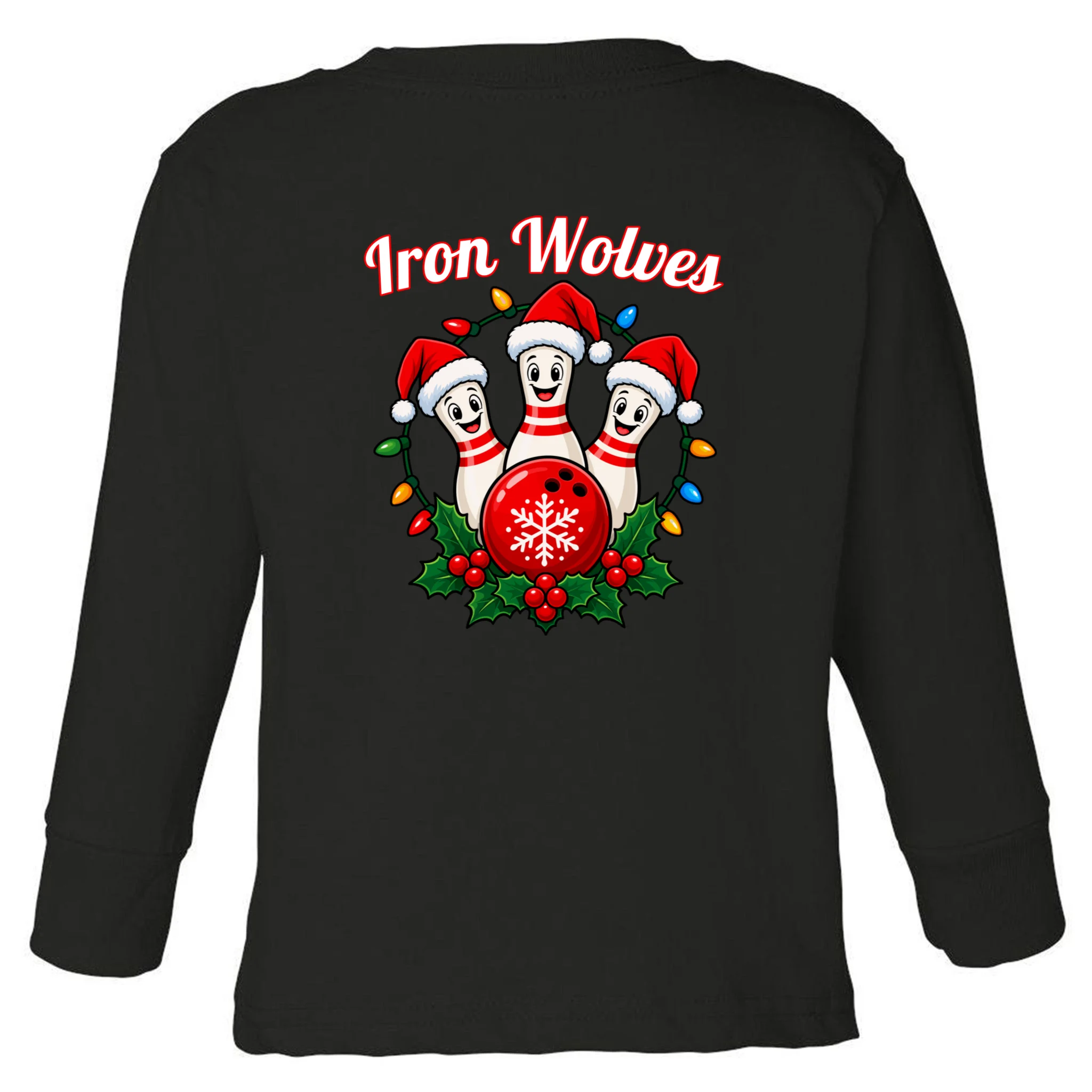 Christmas Bowling Pins – Santa Hat & Snowflake Custom Name & Team Name Toddler Long Sleeve Shirt - Back - Close-up