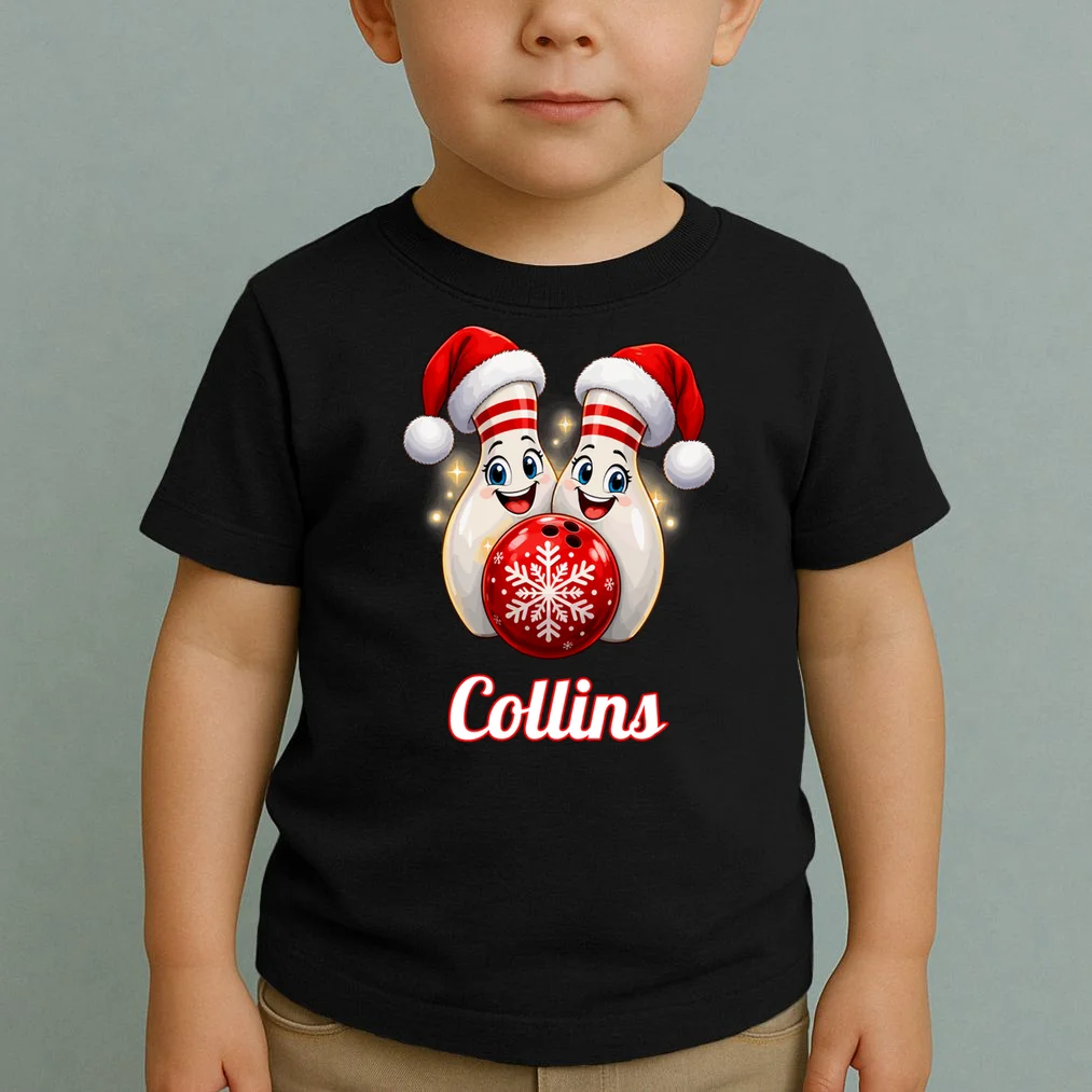 Christmas Bowling Pins – Santa Hat & Snowflake Custom Name & Team Name Toddler T-Shirt - Front 1