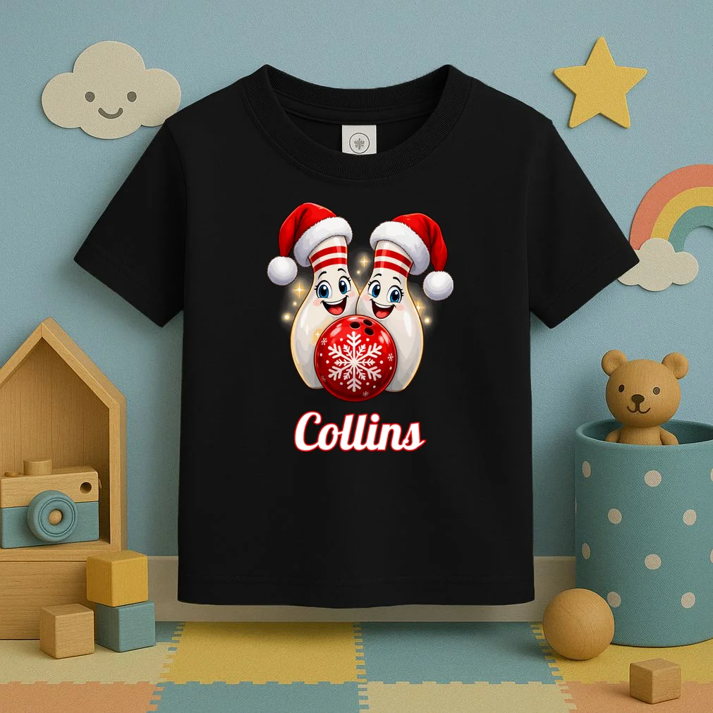 Christmas Bowling Pins – Santa Hat & Snowflake Custom Name & Team Name Toddler T-Shirt - Front 2