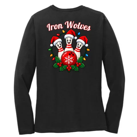 Christmas Bowling Pins – Santa Hat & Snowflake Custom Name & Team Name Women's Long Sleeve Shirt - Back - Close-up