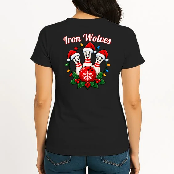 Christmas Bowling Pins – Santa Hat & Snowflake Custom Name & Team Name Women's T-Shirt - Back