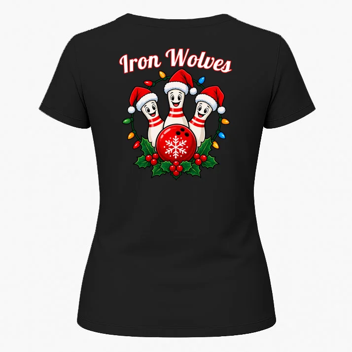 Christmas Bowling Pins – Santa Hat & Snowflake Custom Name & Team Name Women's T-Shirt - Back 1