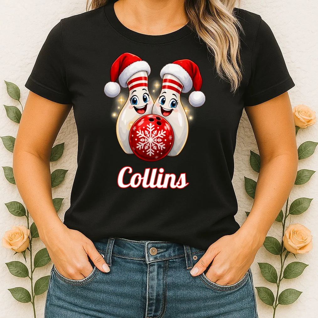 Christmas Bowling Pins – Santa Hat & Snowflake Custom Name & Team Name Women's T-Shirt - Front 1