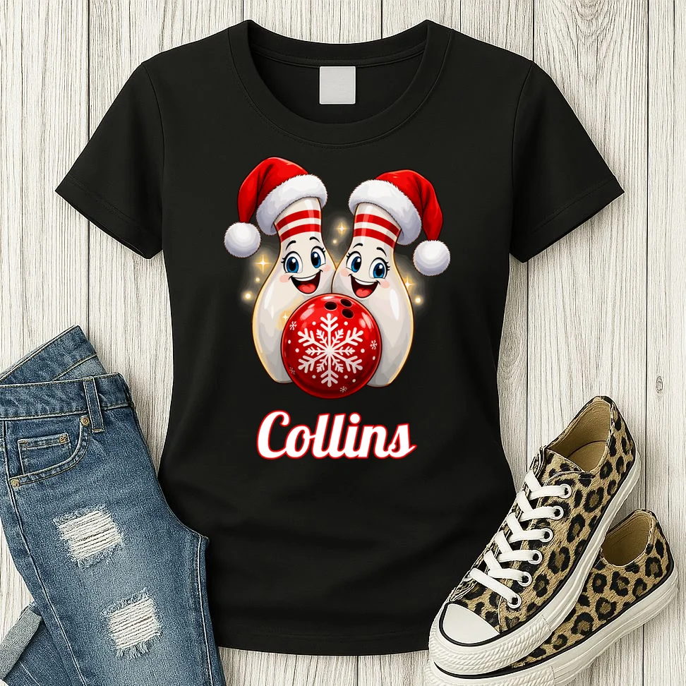 Christmas Bowling Pins – Santa Hat & Snowflake Custom Name & Team Name Women's T-Shirt - Front 2