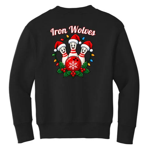 Christmas Bowling Pins – Santa Hat & Snowflake Custom Name & Team Name Kids Sweatshirt - Back - Close-up