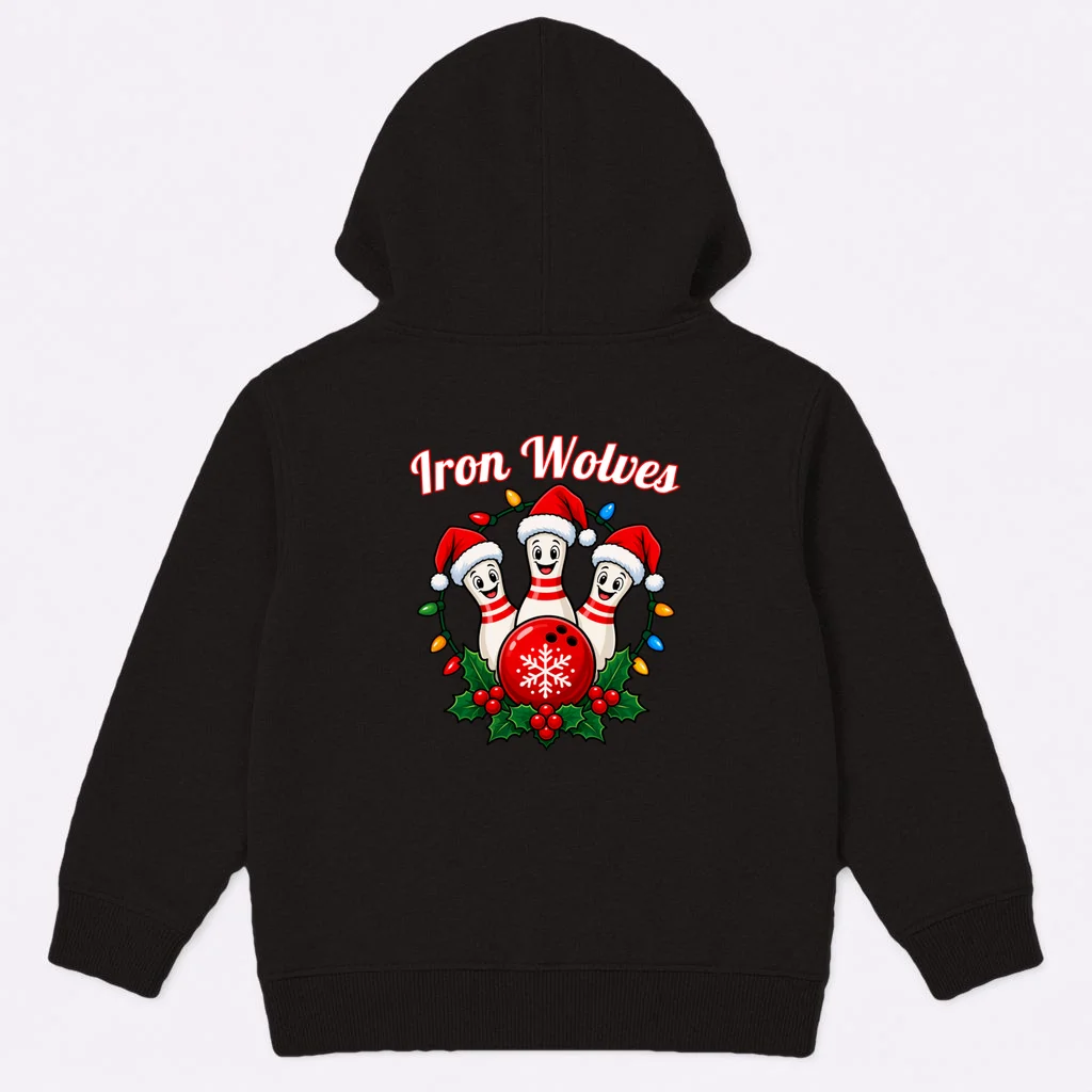 Christmas Bowling Pins – Santa Hat & Snowflake Custom Name & Team Name Kids Hoodie - Back