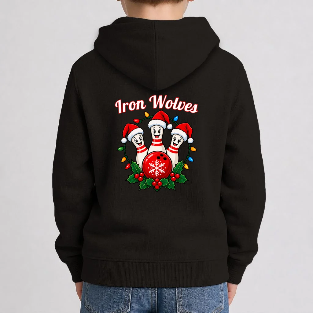 Christmas Bowling Pins – Santa Hat & Snowflake Custom Name & Team Name Kids Hoodie - Back 1