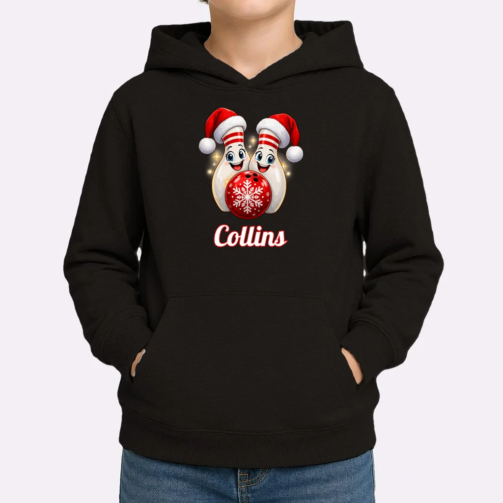 Christmas Bowling Pins – Santa Hat & Snowflake Custom Name & Team Name Kids Hoodie - Front 1
