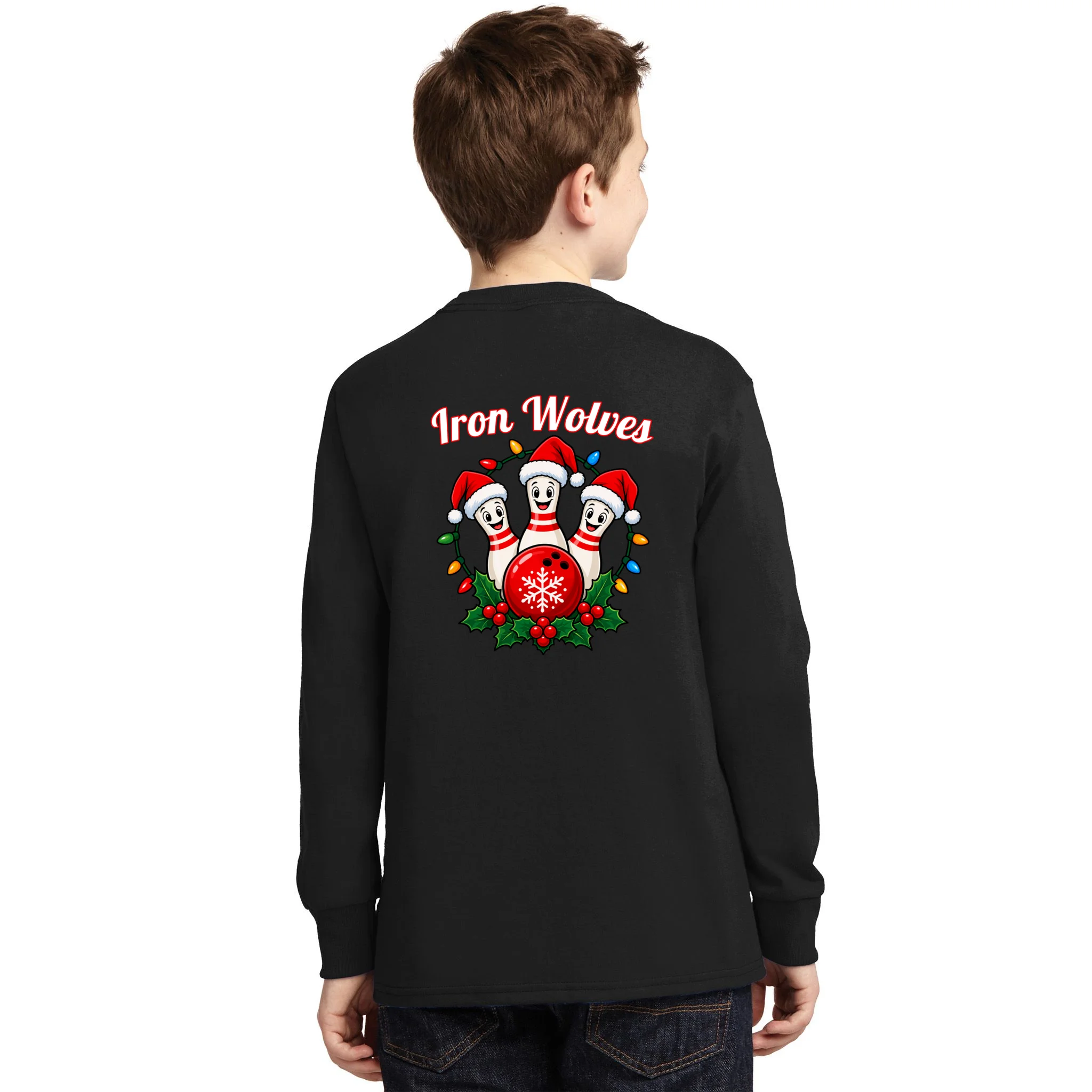 Christmas Bowling Pins – Santa Hat & Snowflake Custom Name & Team Name Kids Long Sleeve Shirt - Back - Close-up