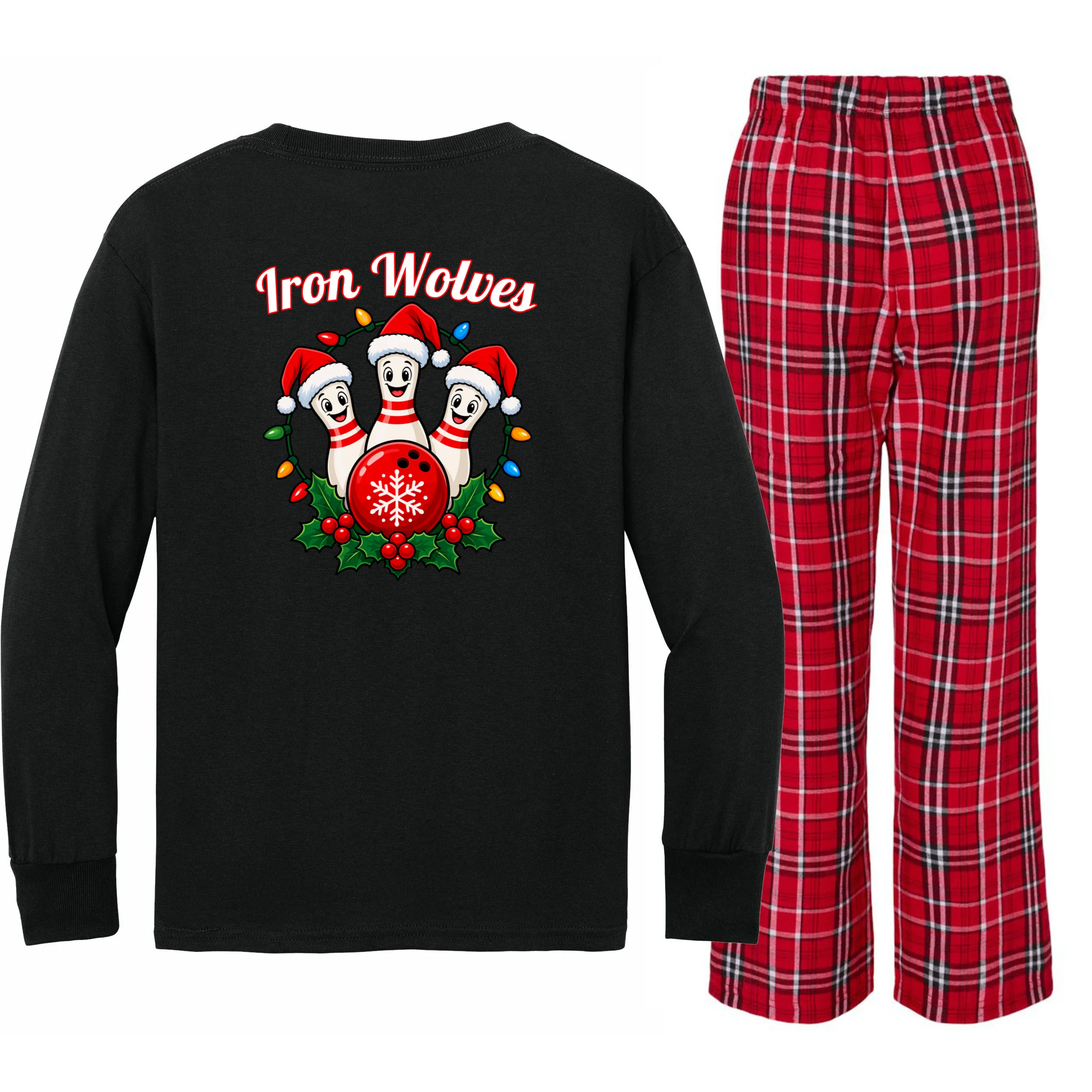 Christmas Bowling Pins – Santa Hat & Snowflake Custom Name & Team Name Kids Long Sleeve Pajamas - Back - Close-up