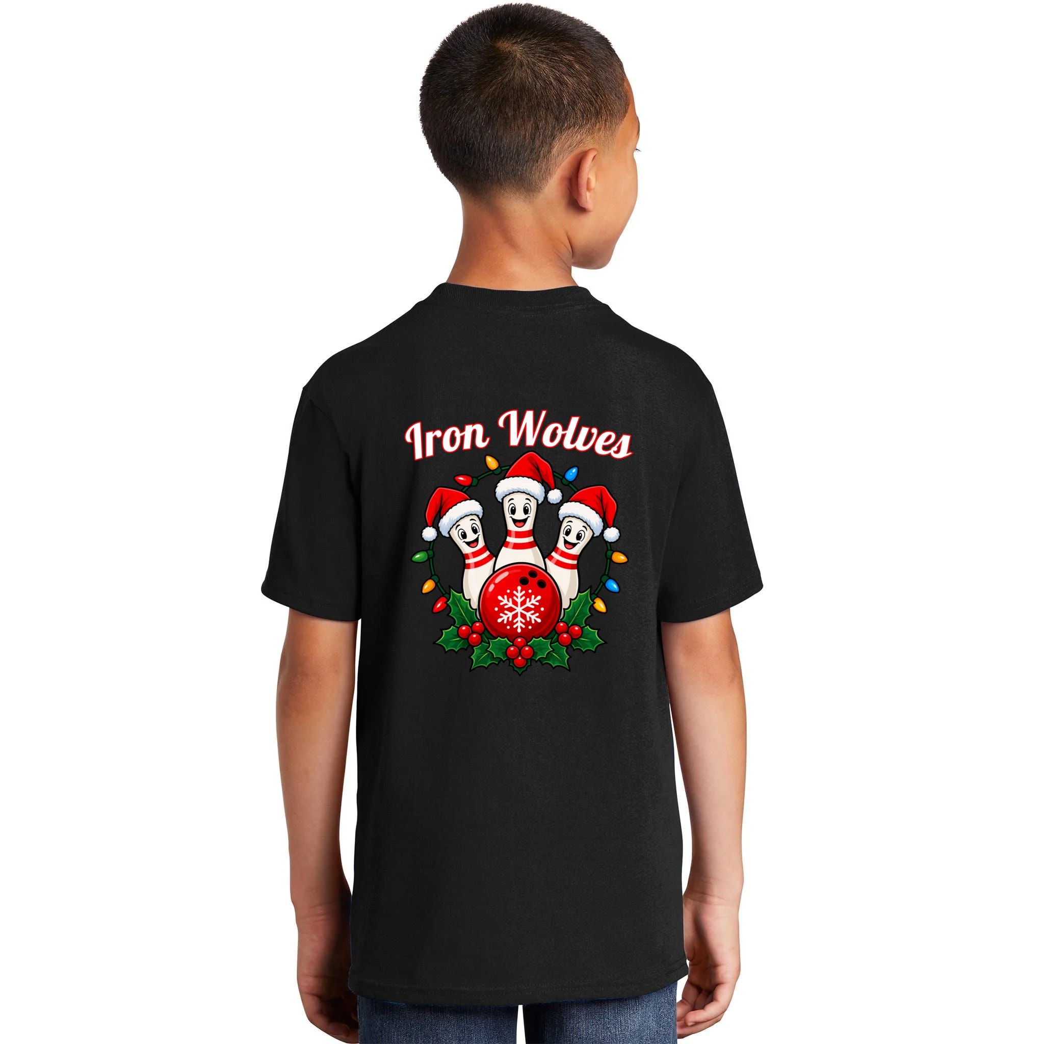 Christmas Bowling Pins – Santa Hat & Snowflake Custom Name & Team Name Kids T-Shirt - Back